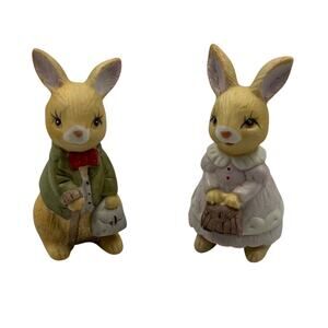 Vintage Mr & Mrs Bunny Rabbit Ceramic Figurines‎ Made In Taiwan Grandma Core